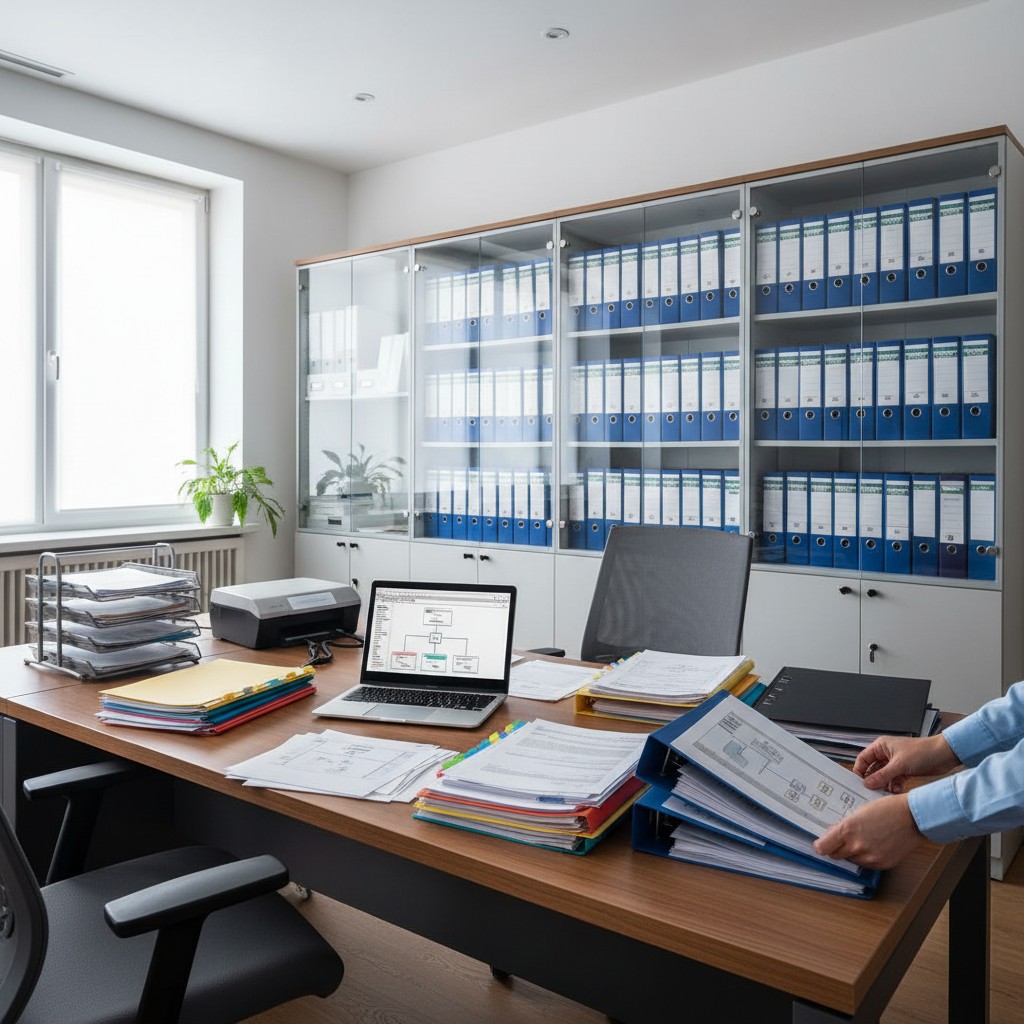 An office with someone standing at a desk covered in binders.