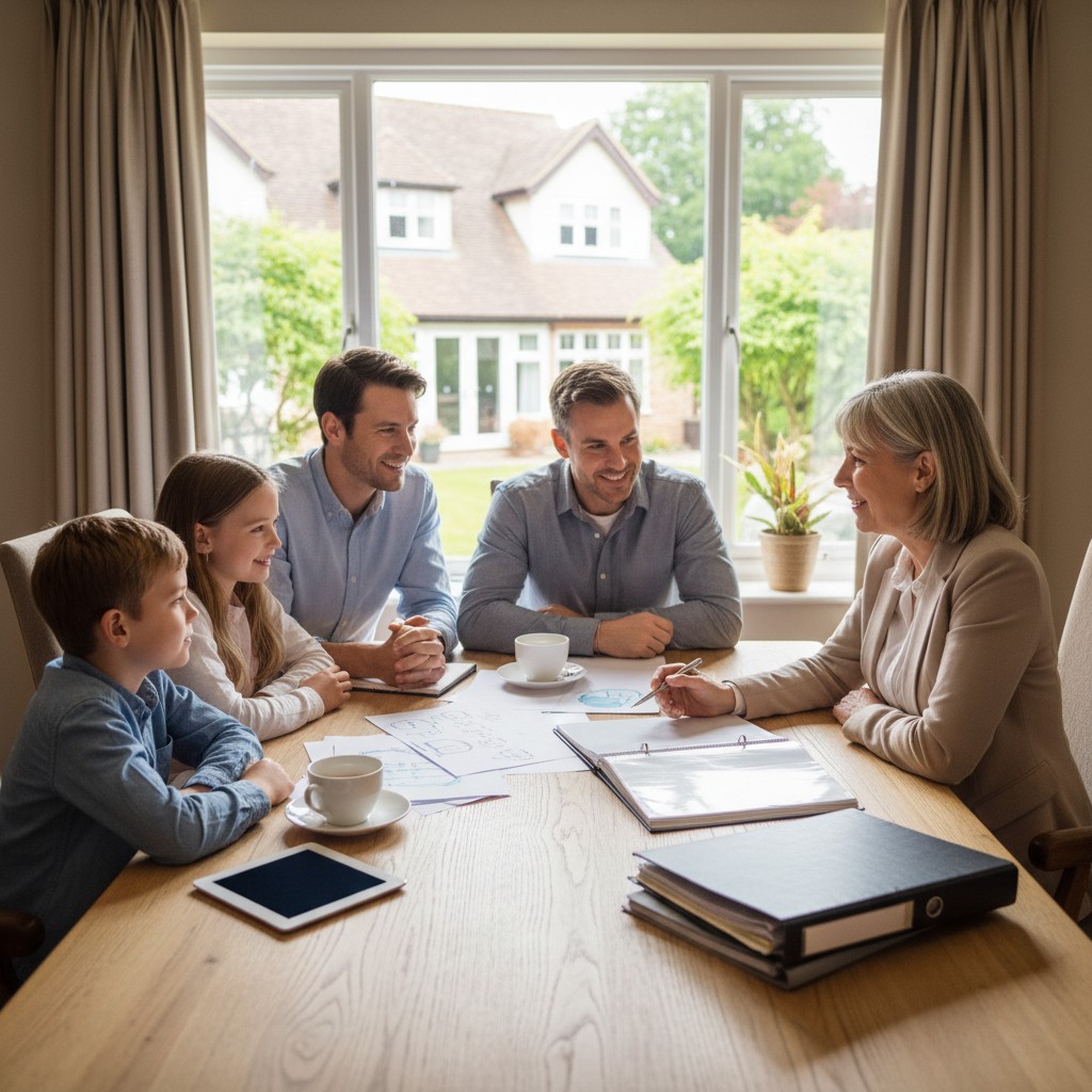 A family meeting: Parents and children sitting at a table, surrounded by house plans and school books, in a home setting w...