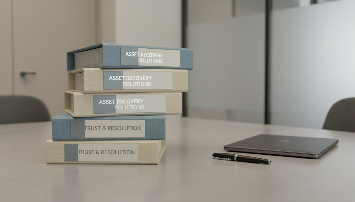 A stack of crisp blue-gray and ivory legal binders with silver embossed titles, neatly aligned atop a polished concrete conference table. Next to the binders, a matte black fountain pen rests beside a closed charcoal-gray laptop. The backdrop features pale taupe walls and a partial glimpse of a modern, frosted glass partition. Cool, even overhead lighting casts soft shadows, subtly highlighting the textures of the binders and the reflective pen. The carefully structured, overhead composition and shallow depth of field focus attention on the orderliness of the documents, projecting an atmosphere of expertise, reliability, and discretion. The visual style is photographic, modern, and corporate, reinforcing the trustworthy, professional ethos of an asset recovery service.